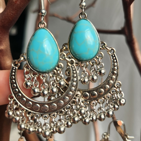 Silver and Turquoise Bohemian Earrings Set Of 3 - Picture 4 of 7